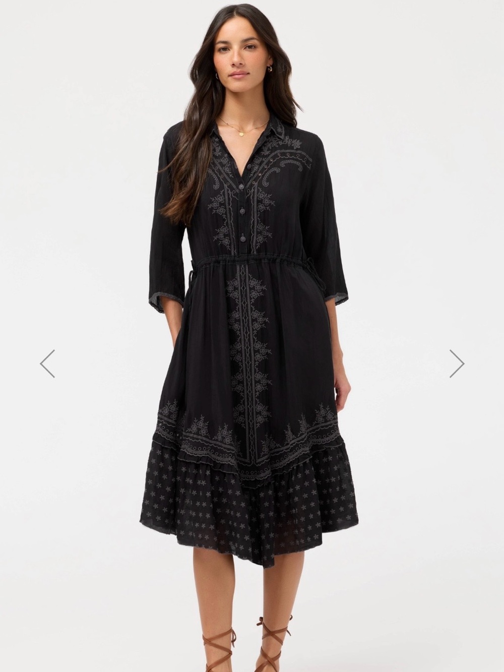 Johnny Was Black Embroidered Midi Dress